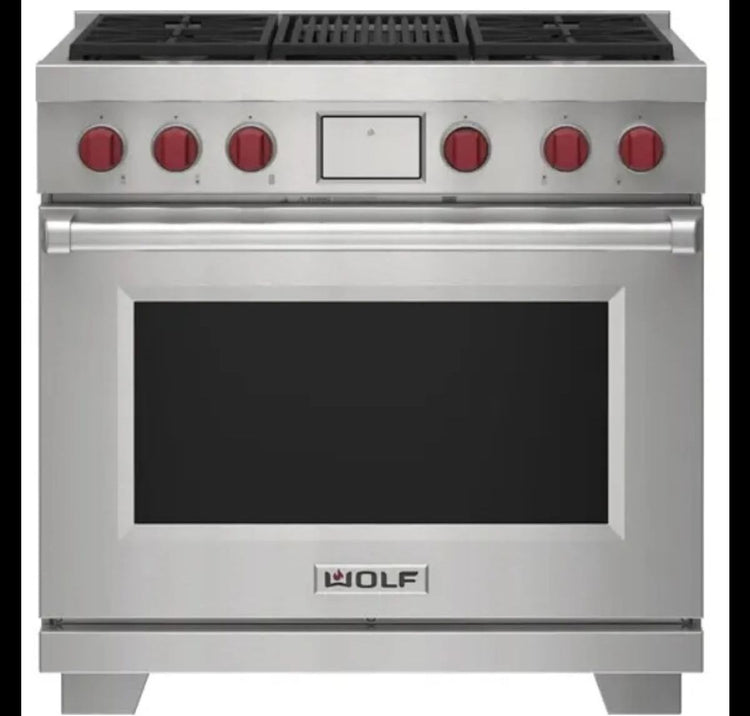 NIB Wolf M Series DF36450CSP 36" Stainless Freestanding Dual-Fuel Smart Range - Alabama Appliance