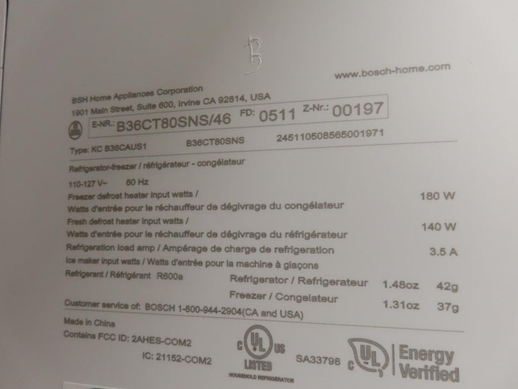 Bosch 800 Series B36CT80SNS 36" Smart Counter Depth French Door Refrigerator Pic