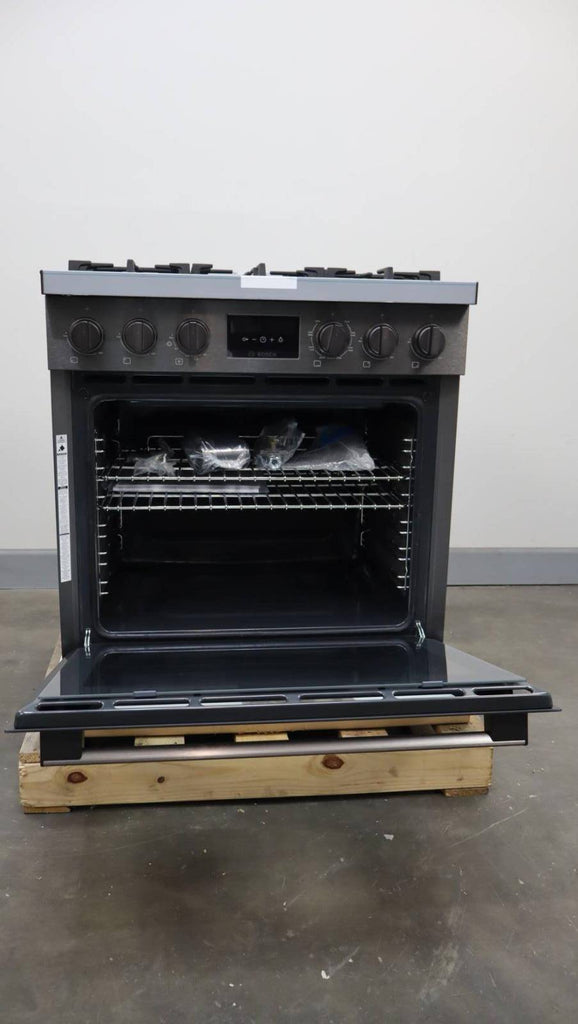 Bosch 800 Series 30" BLK Stainless 5 Sealed Burners Dual Fuel Range HDS8045U