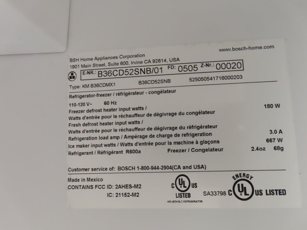 Bosch 500 Series B36CD52SNB 36 Inch Freestanding French Door Smart Refrigerator