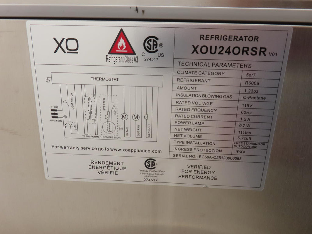 XO XOU24ORSR 24" Outdoor Stainless S Refrigerator with Glass Shelves Right Hinge