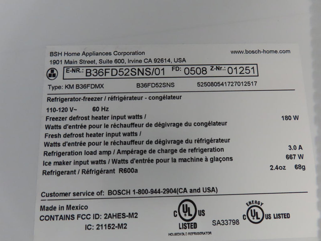 Bosch 500 Series B36FD52SNS 36" Freestanding French Door Smart Refrigerator