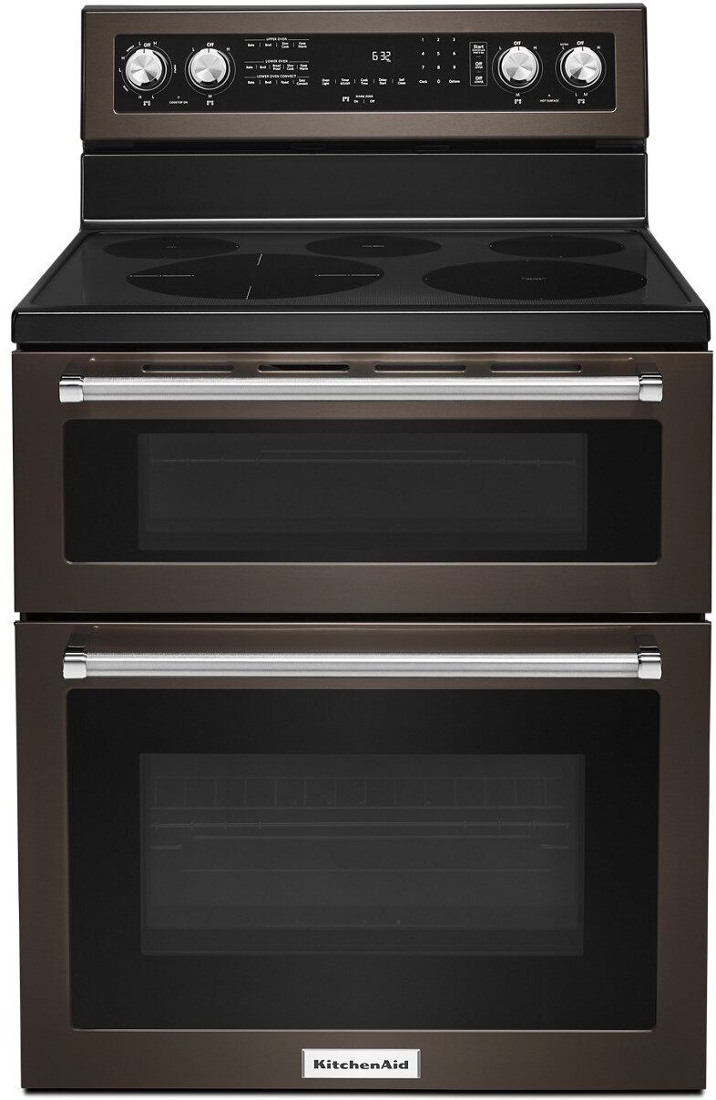 KitchenAid® 30" Black Stainless Steel with PrintShield Finish Free Standing Electric Double Convection Range